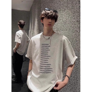 全棉常规纯色日常宽松型青少年落肩袖圆领ins潮牌印花短袖T恤图片