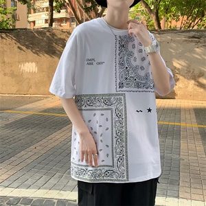 腰果花错位图腾短袖男潮流嘻哈宽松情侣短袖T恤半截袖 T251-P25图片