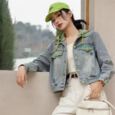 现货2025年春季牛仔外套短款搭配可拆卸针织帽时尚百搭，女装牛仔外套，莜菲儿