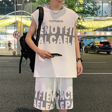 2024夏季新款港风外景大码菠萝格无袖背心套装M-5XHQ24470-P60，男装休闲套装，电商A022