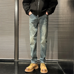 潮牌高街牛仔裤修身小脚闪电纹长裤610A-1-K3703-P65图片