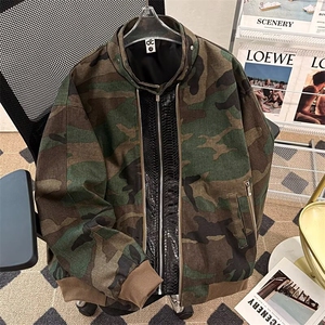 美式复古工装迷彩外套男女重工拼接短款休闲宽松棒球服夹克潮ins图片