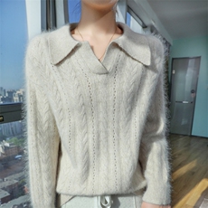 2025秋冬百搭时尚简约针织衫翻领抽条长袖针织衫，女装针织衫/毛衣，冬贝尔貂绒