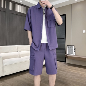 DT253-P75 冰丝薄款套装阔版夏季宽松短袖衬衫休闲青年潮流两件套图片