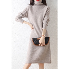 秋冬季羊毛休闲时尚通勤内搭百搭七针长款堆领连衣裙，女装连衣裙，越洋羊
