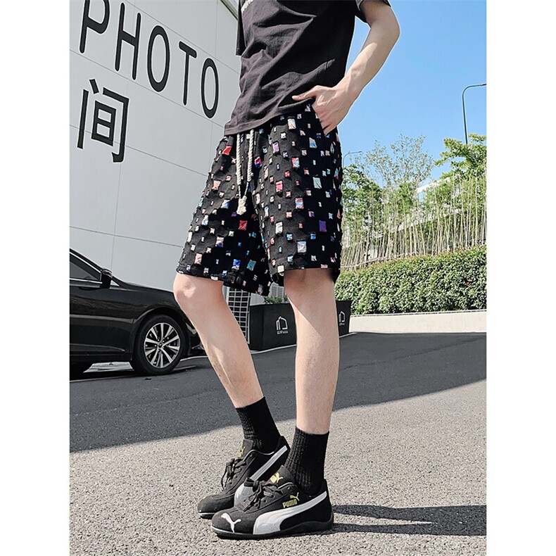 DK162-P32花白短裤男女夏季新款休闲冰丝沙滩中裤宽松百搭五分裤图片