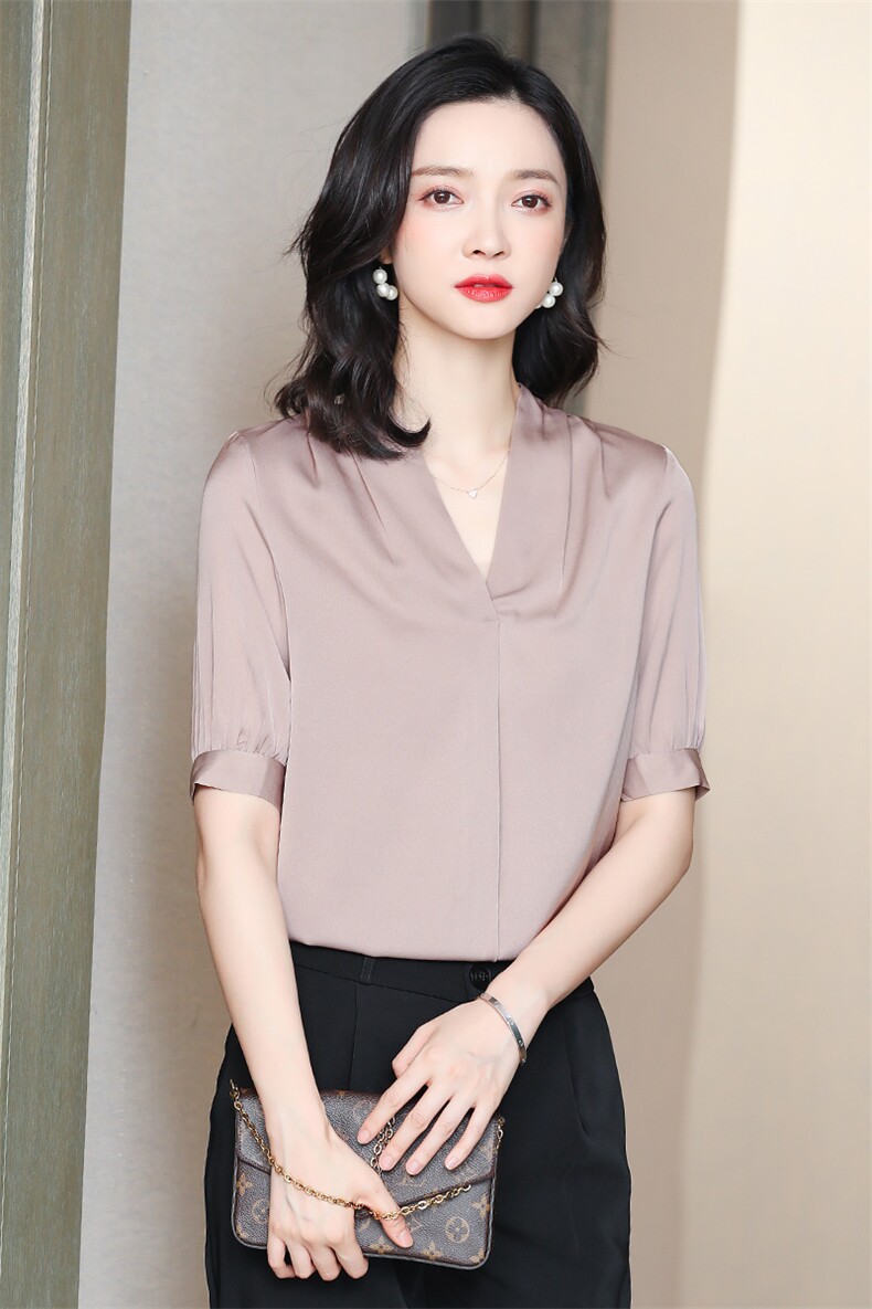 重磅高端真丝衬衫女2024夏季新款时尚V领气质上衣桑蚕丝短袖衬衣,女装衬衫,阿舍尔精品