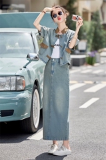2024年夏款新中式短袖上衣外套+半身长裙套装牛仔时尚气质两件套，女装套装/套裙，瑶迪