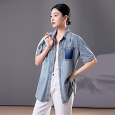 休闲蕾丝拼接牛仔衬衫女夏季欧货大码衬衣2025年新款洋气上衣，女装衬衫，靓衣阁