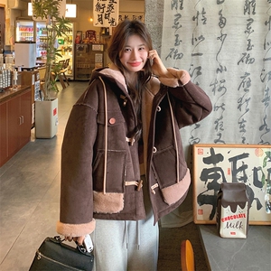 韩版加厚减龄连帽皮毛一体棉服女2025年冬季新款显瘦保暖加绒外套图片