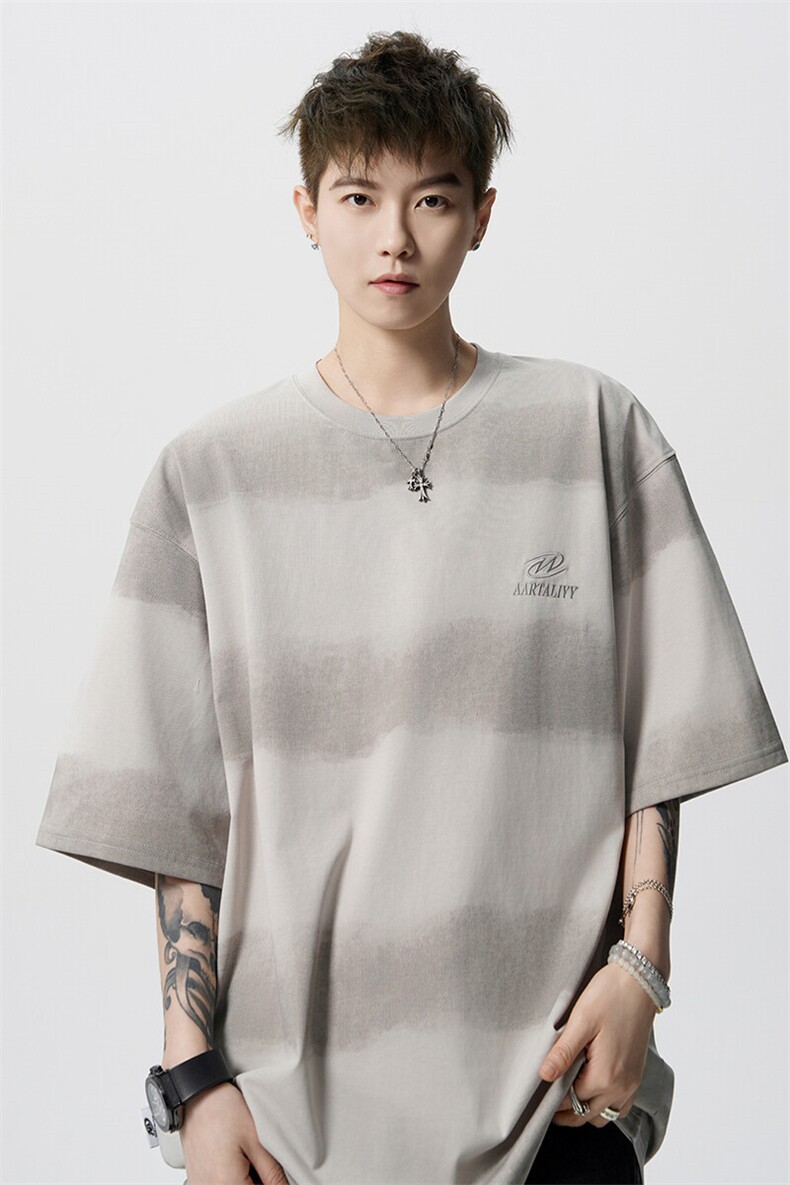 8XL-M高品质纯棉扎染条纹短袖T恤男宽松美式复古半袖情侣DX339,男装T恤,电商D206-1