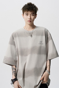 8XL-M 高品质纯棉扎染条纹短袖T恤男宽松美式复古半袖情侣DX339图片