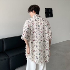 花蝴蝶冰丝短袖衬衫男款夏季2026新款流苏设计感潮流情侣上衣外套，男装衬衫，星座410-7