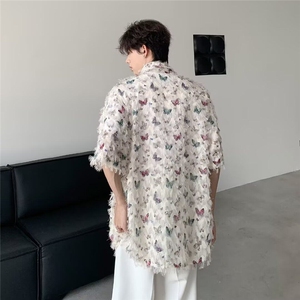 花蝴蝶冰丝短袖衬衫男款夏季2026新款流苏设计感潮流情侣上衣外套图片
