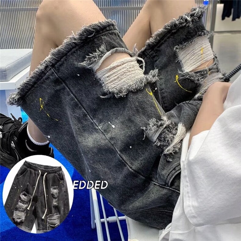 毛边破洞牛仔短裤男夏季潮牌高街宽松街头嘻哈漆点五分裤XX5558,男装牛仔裤,星座208-5