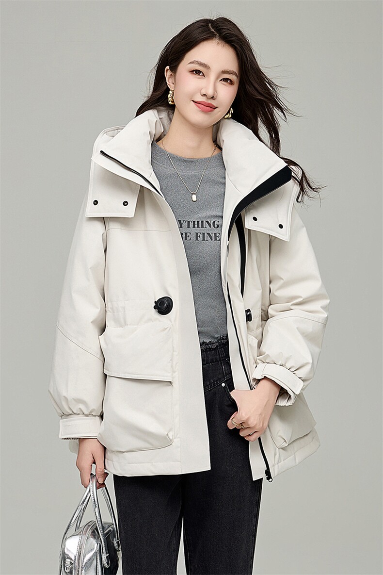 纯色白鸭绒加厚连帽派克服女秋冬韩系高级感长袖羽绒服上衣,女装羽绒服,阿舍尔精品