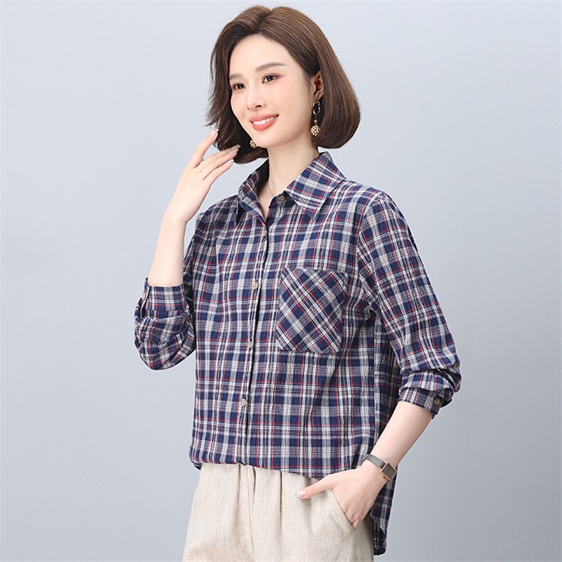 2025年春秋装新款潮小格子衬衫宽松显瘦韩版气质百搭衬衣女减龄,女装衬衫,独衣靓