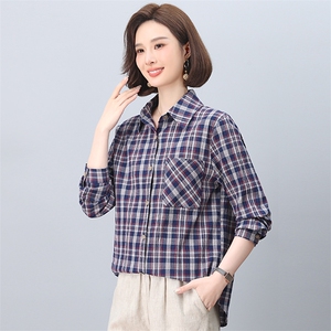 2025年春秋装新款潮小格子衬衫宽松显瘦韩版气质百搭衬衣女减龄图片