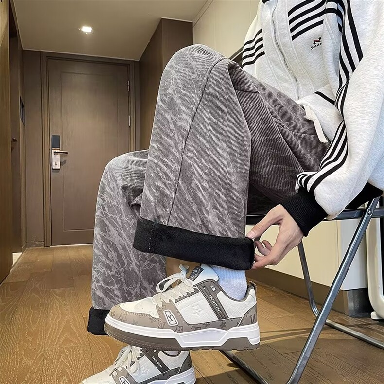 宽松阔腿裤灯芯绒裤子男美式潮牌扎染休闲裤秋冬加绒加厚直筒卫裤图片