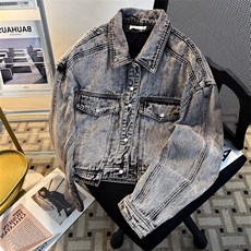 新款复古水洗做旧短款牛仔套装男翻领夹克外套上衣JK08352-P78，男装休闲套装，星座308B-1