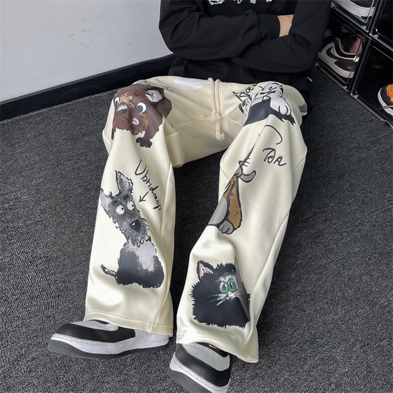 美式hiphop直筒休闲长裤秋季潮牌卡通印花阔腿卫裤男 K7532-P43图片