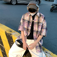 2026夏美式扎染刺绣格子短袖衬衫衬衣五分袖CS1805/特P35紫色8，男装衬衫，电商A094