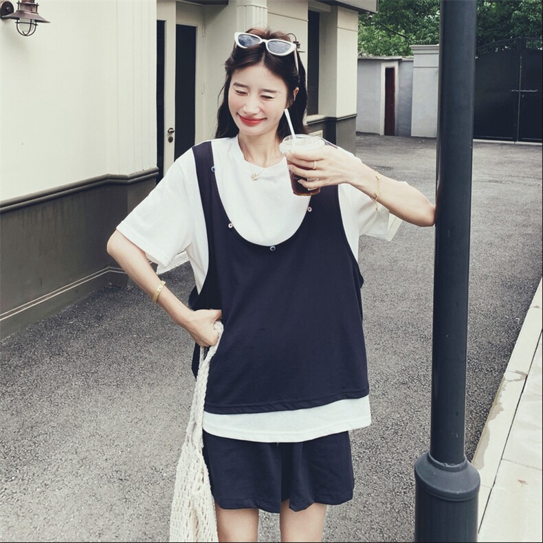 韩系宽松休闲运动套装女2025年夏季新款显瘦假两件T恤短裤两件套,女装套装/套裙,浙宝217