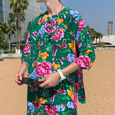 A340男士休闲大花透气凉爽风T恤七分袖春夏新大妈套头衫团队，男装T恤，星座115A(原星座507）