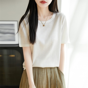 女圆领短袖纯色羊毛衫韩版休闲女宽松薄款春夏百搭针织打底衫T恤图片