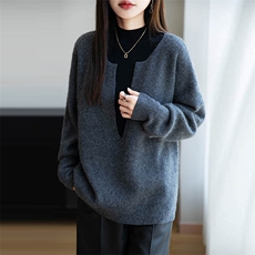 法式设计感酒红灰色v领纯羊毛针织毛衣女25新款宽松保暖长袖上衣，女装羊毛衫，越洋羊