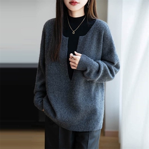 法式设计感酒红灰色v领纯羊毛针织毛衣女25新款宽松保暖长袖上衣图片