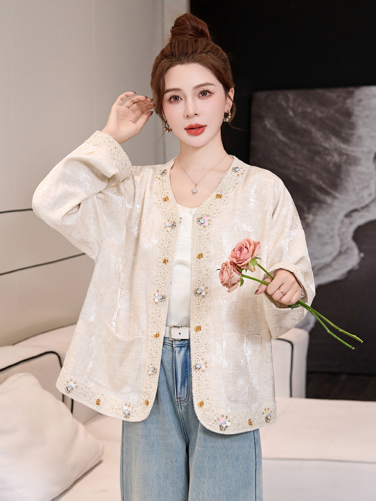 小香风蕾丝花边重工镶钻时尚外套女2025春季新款宽松气质百搭上衣,女装短外套,布芭啦