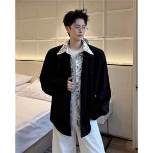 潮流休闲花卉印花领翻领假两件休闲长袖衬衫上衣男潮特P52