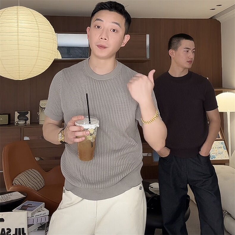 网图薄款短袖圆领针织套头薄款上衣体恤纯色坑条条纹H9615-P45,男装针织衫/毛衣,星座1012-1
