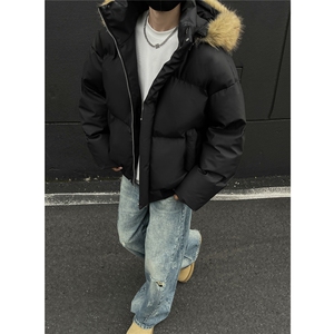 24抖音现货可拆卸帽子毛领棉衣PU皮情侣款棉服M6710-P88图片