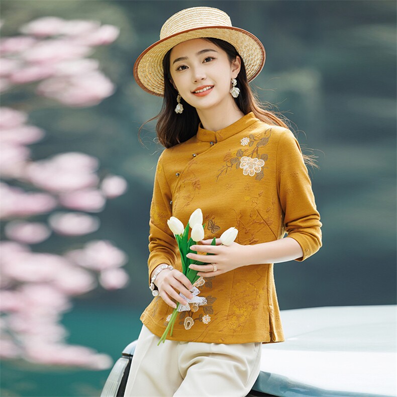 新中式国风修身打底衫女春夏秋新款刺绣洋气减龄显瘦长袖上衣斜襟,针织衫/毛衣,水衣源