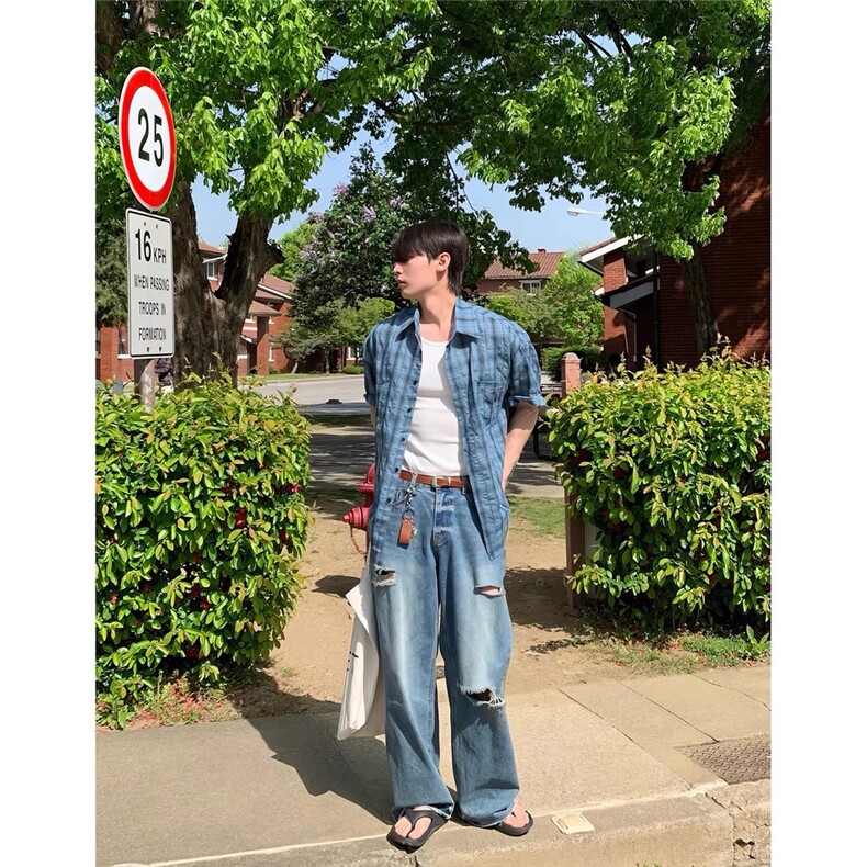 防晒宽松长袖衬衣复古格子男女美式外套旅行户外防紫外线聚酯纤维,男装衬衫,星座1210-1
