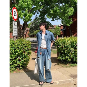 防晒宽松长袖衬衣复古格子男女美式外套旅行户外防紫外线聚酯纤维图片