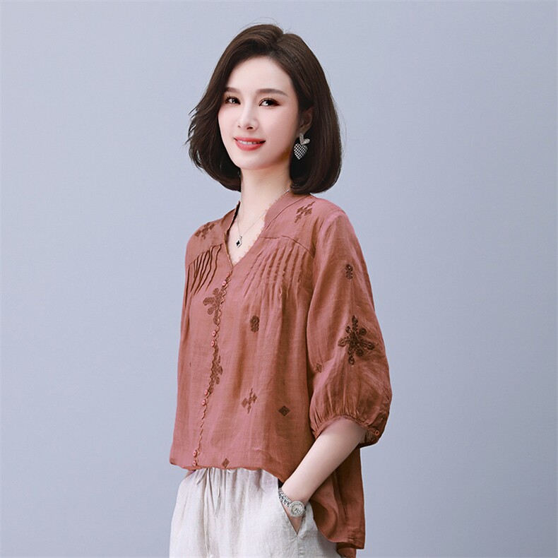 2023夏季纯苎麻刺绣简约气质宽松时尚休闲显瘦舒适上衣,女装衬衫,独衣靓
