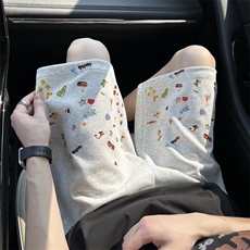 卡通贴纸花灰色短裤男夏季美式复古潮牌设计感宽松百搭五分运动裤，男装牛仔裤，星座512A（原616）