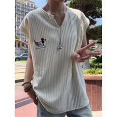 腊肠狗刺绣白色v领无袖T恤男款夏季冰丝肌理速干运动背心坎肩汗衫，男装背心/马甲，星座1116A（原606A-3）