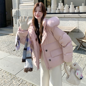 韩系chic粉色毛领连帽羽绒服女冬超火好看高级小众漂亮加厚短外套图片