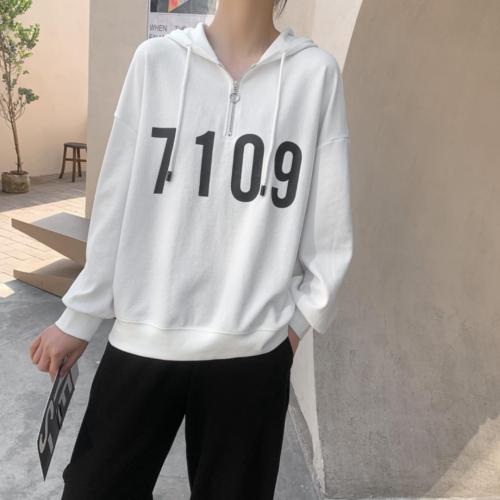 【现货】2021新款春纯色简约数字印花半开拉链连帽卫衣,女装卫衣/绒衫,壹题YITI