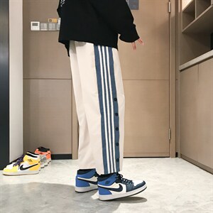 2021港风排扣裤子男直筒阔腿裤三条杠卫裤运动裤XZ207-K1017P30图片