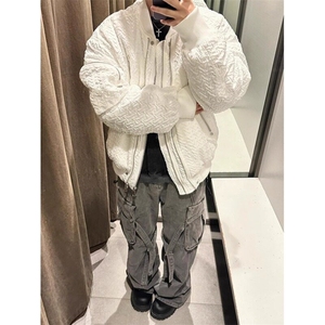 【有货】白色双拉链立领棉衣外套褶皱棒球服棉服 MY5014 特P103图片