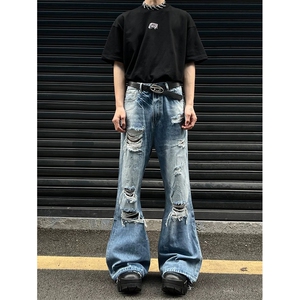 网图有货 夏季美式复古水洗蓝色微喇破洞宽松牛仔裤男女 A645-P45图片
