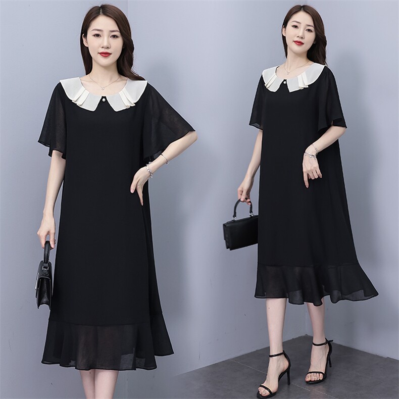 （现货）胖mm短袖雪纺连衣裙女2025夏季新款娃娃领黑色气质裙子，女装连衣裙，深妍伊美
