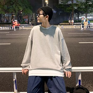卫衣男秋ins宽松港风超火套头上衣潮流假两件百搭男女外套w90-p30图片