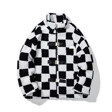 1白底冬季情侣羊羔毛大码M-5XL棋盘格宽松棉衣外套男YG78159P105，男装棉衣，星座226-2