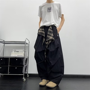 美式嘻哈格纹屁帘速干伞兵裤男女可拆卸褶皱阔腿裤宽松垂感休闲裤图片